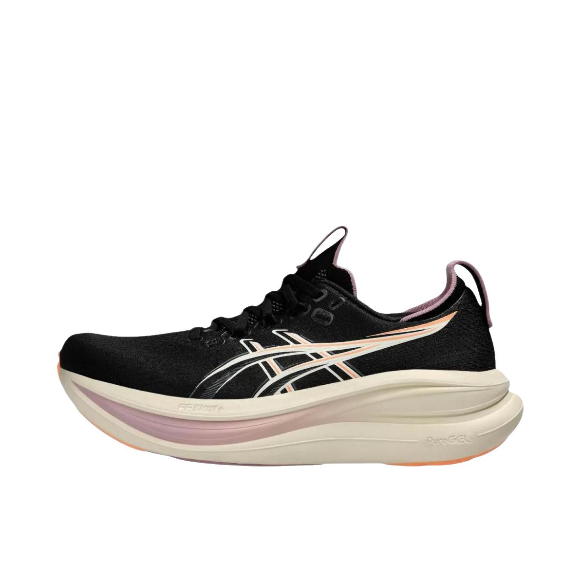 推荐商品：Asics/亚瑟士 GEL-NIMBUS 28 跑鞋 百搭时尚舒适圆头减震回弹夜跑轻便贴合支撑网面抓地慢跑缓冲缓震马拉松训练防滑冬季稳定竞速增高通勤鞋 黑色/米色
