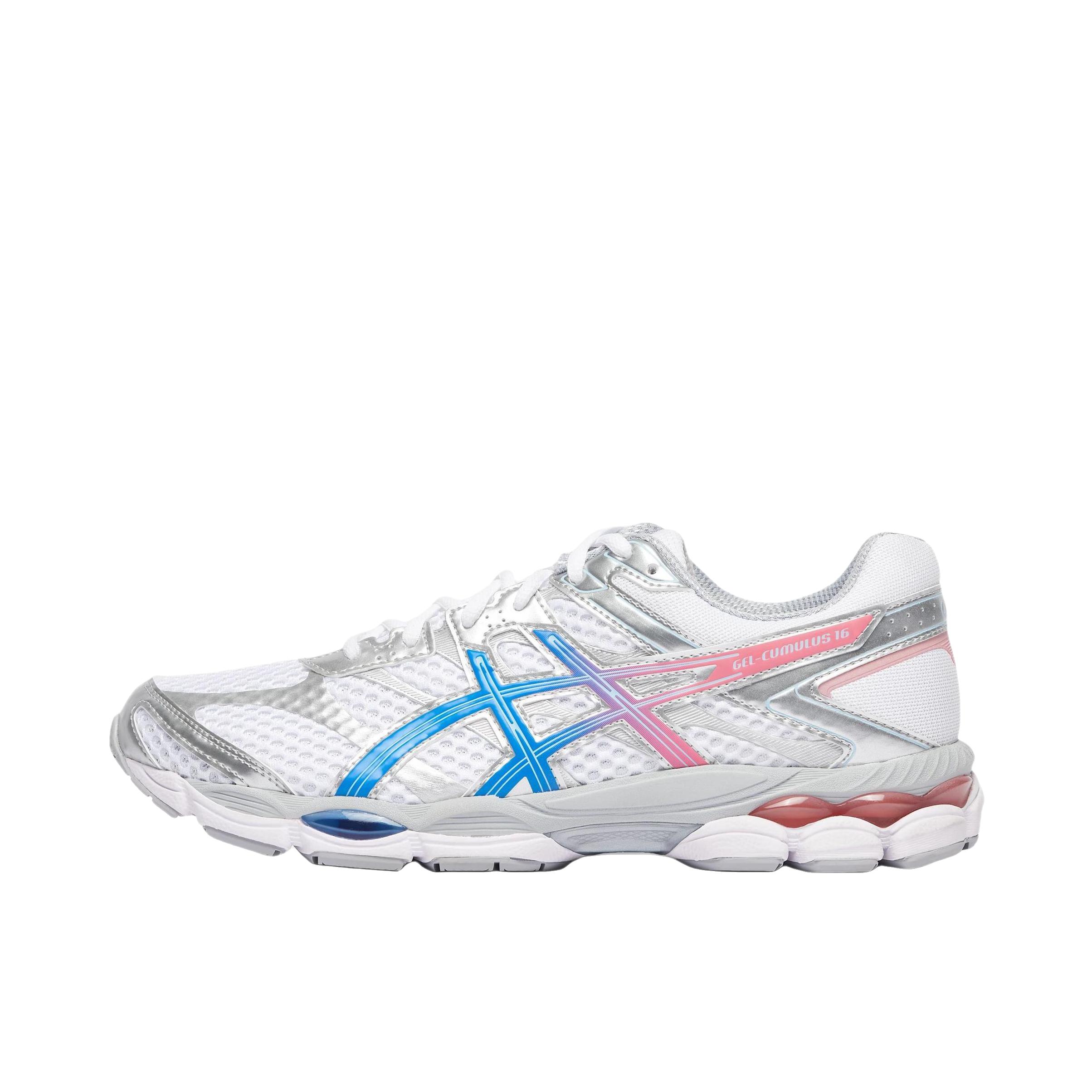 推荐商品：Asics/亚瑟士 Gel-cumulus 16 跑鞋 透气舒适减震耐磨百搭贴合圆头 白色/银色/蓝色
