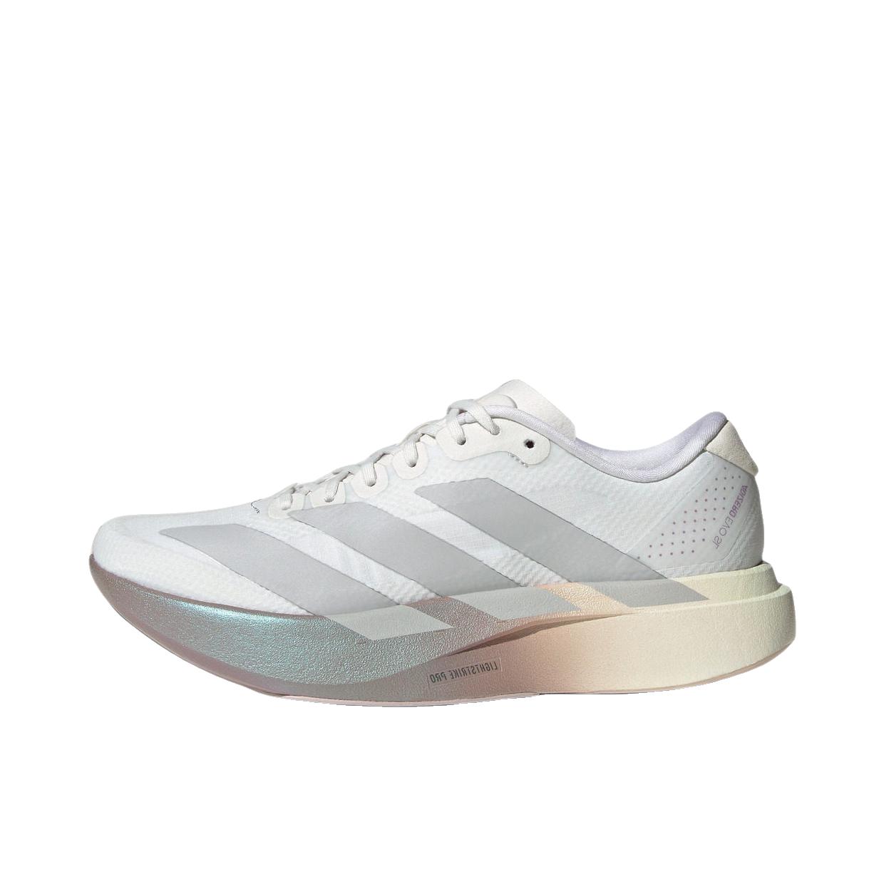 推荐商品：【梅西同款】 adidas Adizero Evo SL 跑鞋 缓震防滑圆头轻便运动马拉松竞速训练 晶白色/浅灰色/暗紫金属