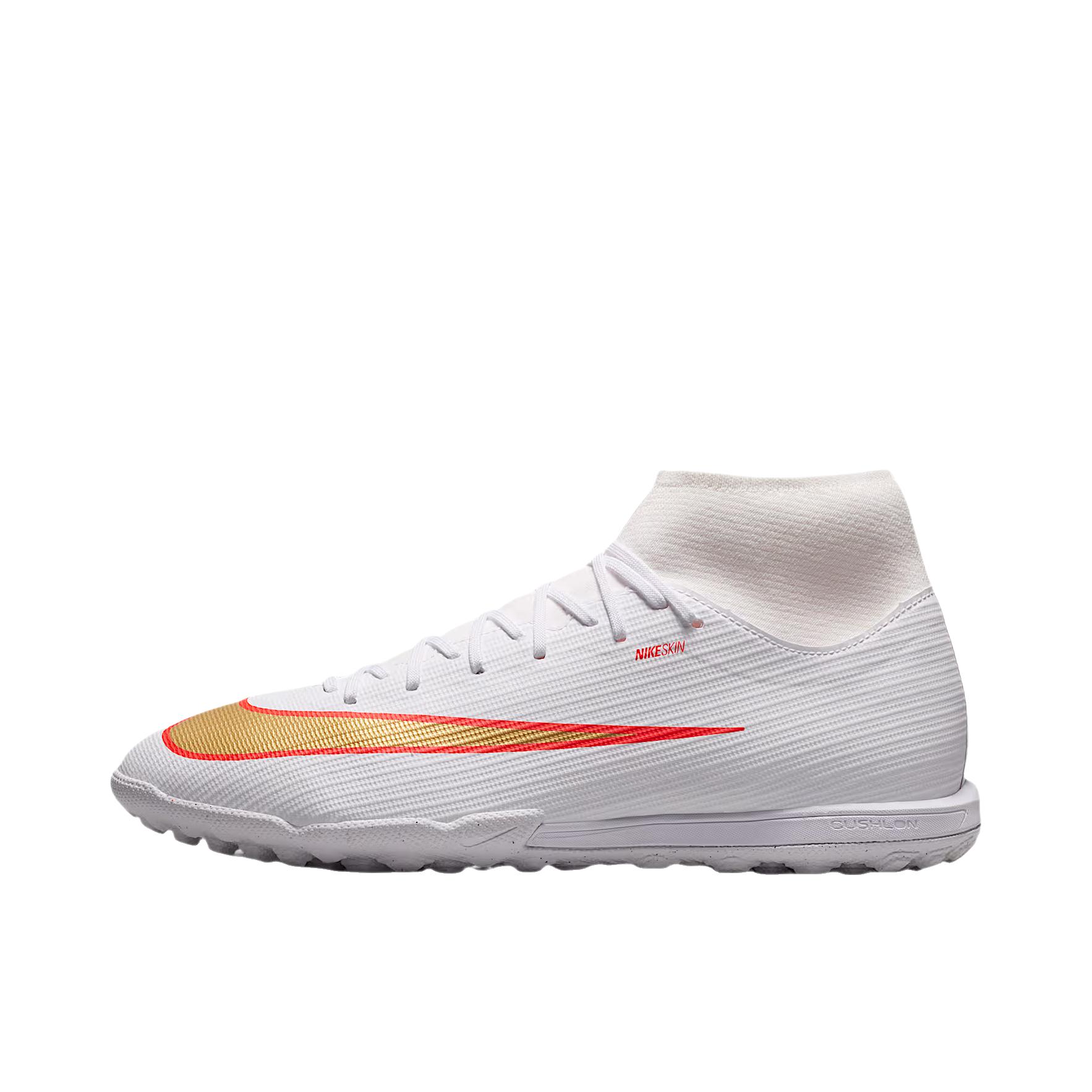 推荐商品：Nike Mercurial Superfly 11 Academy TF 足球鞋 胶质碎钉人造草地防滑 白色/亮深红/朦胧金