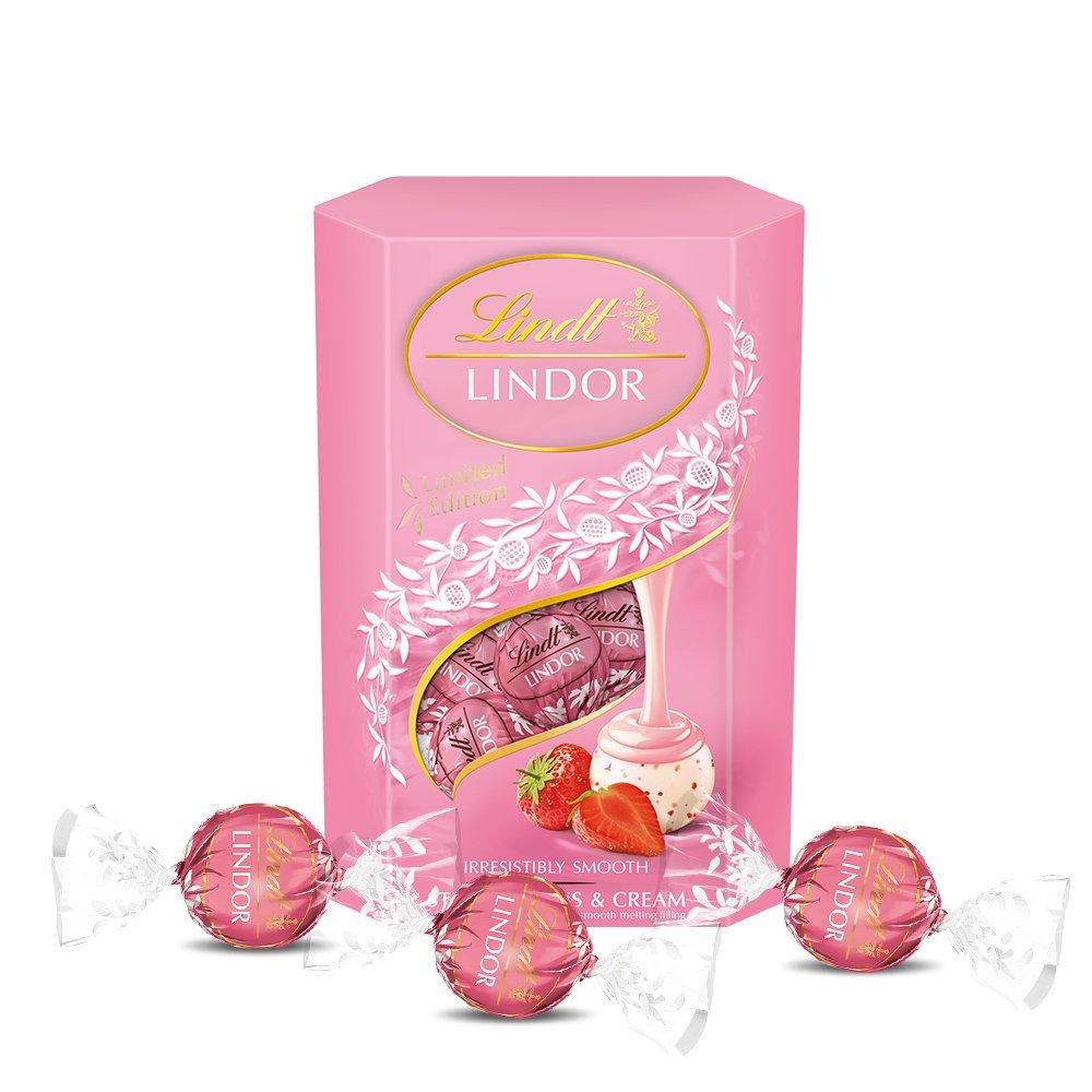 丝滑口感!lindt瑞士莲软心草莓奶油白巧克力200g