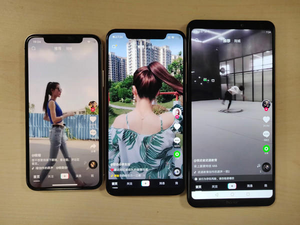 从左至右：iPhone X、小米8、荣耀Note10