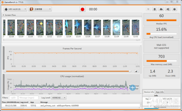 荣耀10青春版运行《王者荣耀》帧率表现