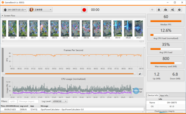 三星Galaxy A8s运行《王者荣耀》实时帧率