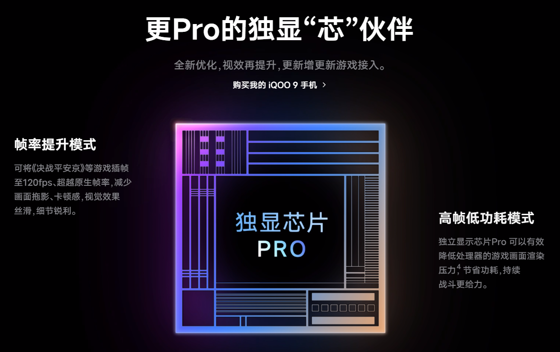 iqoo 9配备了一颗定位为游戏芯的硬件级独显芯片pro,并提供了提升帧率